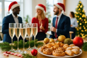  Festive office holiday toast with champagne flutes, pastries, and Christmas decor as staff in Santa hats chat near a glowing tree in a brighter space.