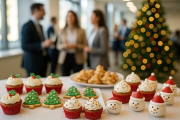  Festive Christmas desserts on a table during a corporate holiday party. Business colleagues are chatting in the blurred background.