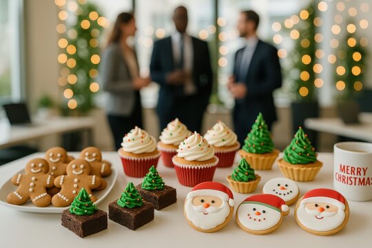  Festive Christmas desserts on a table during a corporate holiday party. Business colleagues are chatting in the blurred background.