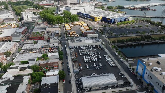 Aerial view of Red Hook waterfront and IKEA building in Brooklyn, New York