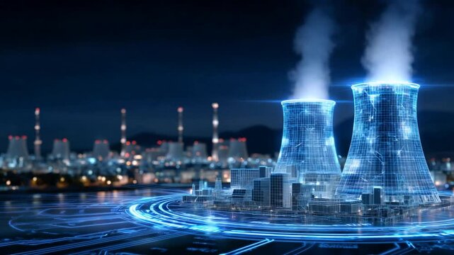 Explore a futuristic nuclear power plant with glowing blue outlines, neon mist-emitting cooling towers, and intricate energy circuit patterns in this 47Digital wireframe rendering.