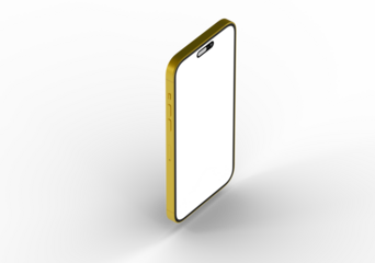 High-quality image of a gold smartphone mockup with a blank screen, perfect for app presentations or website designs.  Isolated on white backgr