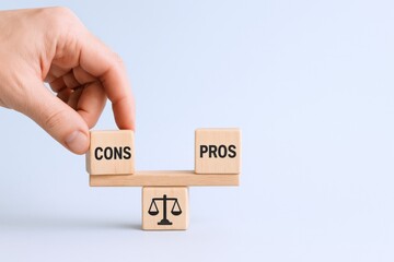 Pros and Cons Concept: Balancing Advantages and Disadvantages on Wooden Blocks for Decision Making