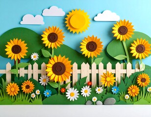 Paper craft depicting a sunny garden scene with sunflowers, daisies, and a picket fence