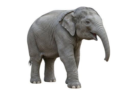 Isolated juvenile elephant with trunk up in studio, Asian mammal in full view, realistic animal