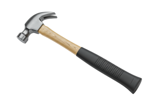 Isolated view of a shiny new claw hammer with a wooden handle for pounding nails