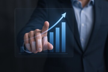 Businessman Analyzes Business Growth Chart on Digital Interface, Demonstrating Positive Trend and Financial Success