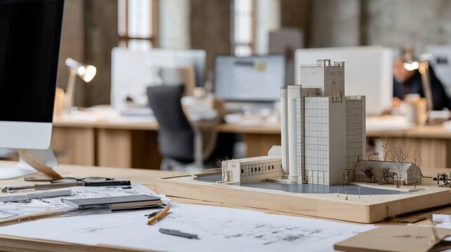Architectural Model on Desk in Open Office Illustrating Urban Planning and Design for Sustainable Development - Powered by Adobe