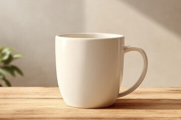 Minimalist Ceramic Mug Mockup on Wooden Table with Natural Light and Neutral Background for Branding