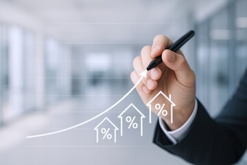 Rising Real Estate Market: Hand Drawing Increasing Graph with House Icons on Transparent Screen