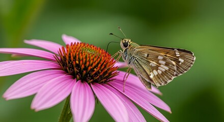A small brown butterfly rests on a pink coneflower in the garden.