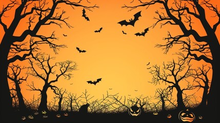 Eerie halloween landscape featuring haunting shadows, gloomy skies, and mysterious silhouettes