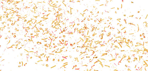 High-resolution image of golden confetti falling on white background, perfect for celebrations and festive designs.
