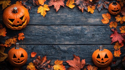 Festive Halloween Pumpkin Display Surrounded by Colorful Leaves