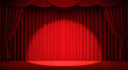 Spotlight on a dramatic red stage curtain with opulent draping and a central illumination