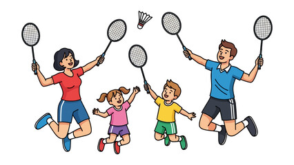 Family Badminton Joy: A lively cartoon illustration depicts a family engrossed in a spirited game of badminton, their rackets poised to hit the shuttlecock, embodying family bonding and outdoor play.
