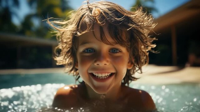Child enjoys playful splash in a sunny backyard pool on a warm summer afternoon with joyful laughter and bright smiles