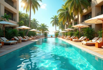 Fototapeta premium relaxing poolside oasis lush tropical vibes colorful cocktails under clear blue sky, beverage, sunshine, refreshment, deck, chill, landscape, lounge