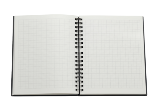 Isolated Black spiral notebook open to graph paper pages, blank and ready for design
