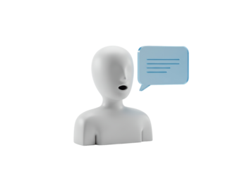 Isolated gray figure speaks with a speech bubble; digital communication, AI concept