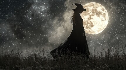 Enchanting Silhouette of a Witch Against a Full Moon Background