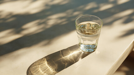 A glass of water sitting in warm afternoon sun, casting a long shadow and beautiful caustic reflections. A calm and relaxing scene of simple refreshment.
