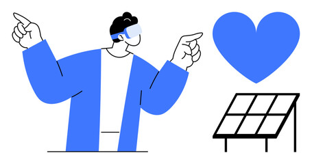 Individual with blue sleeves pointing at solar panel and heart symbol. Ideal for sustainability, clean energy, eco-awareness, environmental care, technology integration, social responsibility, simple
