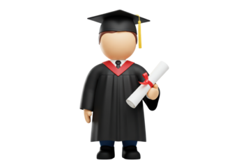 Isolated Graduate Character Wearing Academic Dress, Holding Diploma Scroll, Education Concept