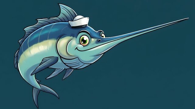 Animated Marlin Fish Character in Sailor Hat: Cartoon Aquatic Creature Sequence for Animation