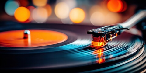Close-up of a Vinyl Record Player with Retro Design and Warm Lighting Accents