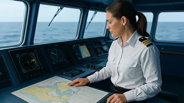 Female Ship Captain Navigating Vessel on Bridge, Overseeing Nautical Charts and Digital Displays for Maritime Journey