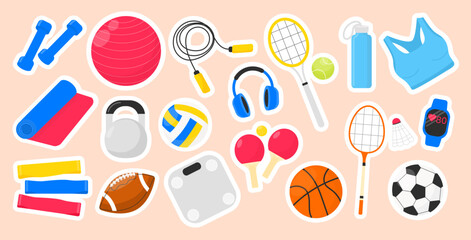 Sport and fitness vector stickers set. Gym accessories, workout gear and healthy lifestyle icons for design, print and social media projects.