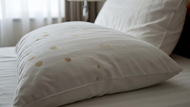 Close Up View Of White Pillow With Sweat and Yellow Spots Lying On A White Bed In Bright Light