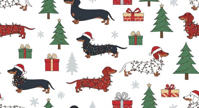 Festive dachshund holiday pattern with santa hats and decorative lights
