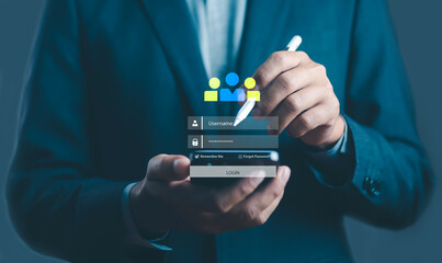 Businessman using smartphone with digital login interface, symbolizing secure access, username and password authentication, cybersecurity, online account, mobile technology, and data protection system