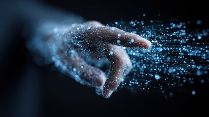 Human Hand Interacting with Digital Data Stream, Representing Connectivity and Futuristic Technology Concepts