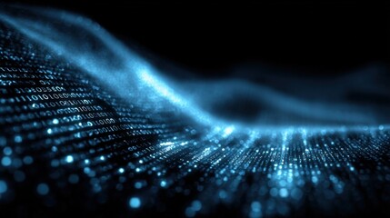 Abstract Binary Code Data Stream Visualization with Glowing Particles in Blue Tones