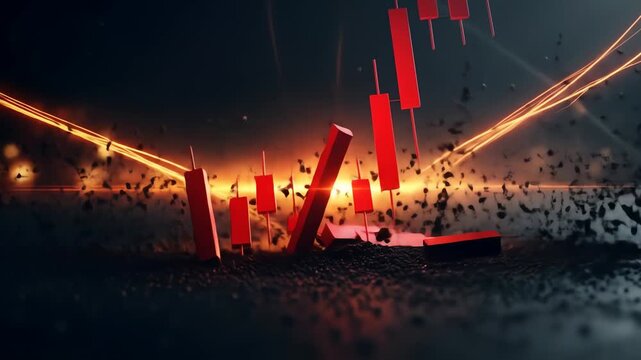 Red stock market candlesticks crash amidst debris and fire
