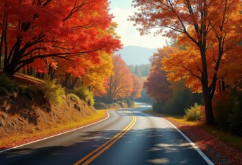 Obraz premium curved asphalt road scenic landscape framed vibrant autumn foliage trees colorful leaves, input, through, forest, nature, driveway, highway, woodland, park