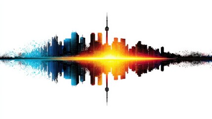 Obraz premium Vibrant Cityscape Reflection with Tower Silhouette Against White Backdrop Showcasing Urban Artistry and Modern Architecture