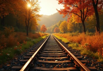 Obraz premium rusty train tracks winding through vibrant foliage lush greenery nature scene colorful autumn leaves, railroad, landscape, woods, forest, curve, pathway