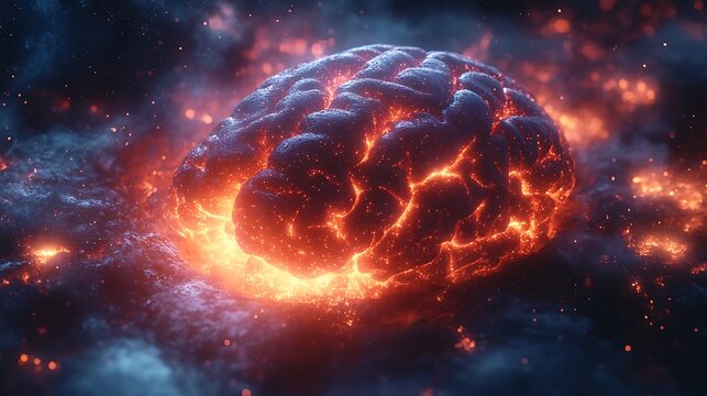 Glowing brain exploding with energy in a nebula of cosmic flames photo