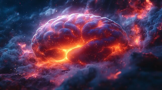 Glowing brain illuminated with fire and nebula represents intelligence and human thought processes