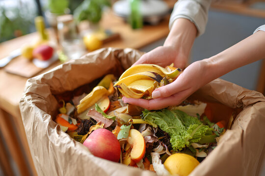 Person composting food scraps into a brown paper bag on a kitchen counter, promoting sustainability and reducing waste in a bright, ecofriendly home.