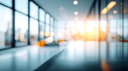 Modern Office Interior with Sunlight and Blurred Background, Ideal for Business Presentations and Corporate Websites