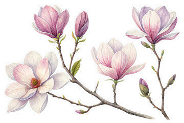 Obraz premium Delicate pink magnolia flowers blooming on branches with buds for floral design and decor transparent background