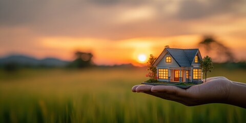 Miniature House on Palm Against Sunset: Dream Home Concept for Real Estate and Mortgage
