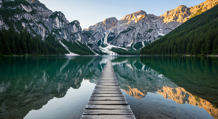Serene mountain lake with wooden pier and breathtaking reflections at sunrise