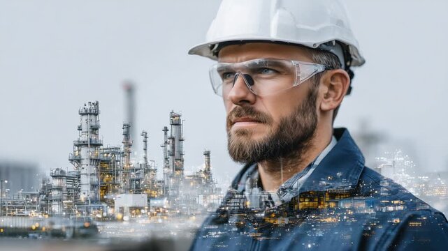 A double exposure image of an engineer in a helmet, blending a busy oil refinery control room with external plant structures, showcasing technological control and field expertise.