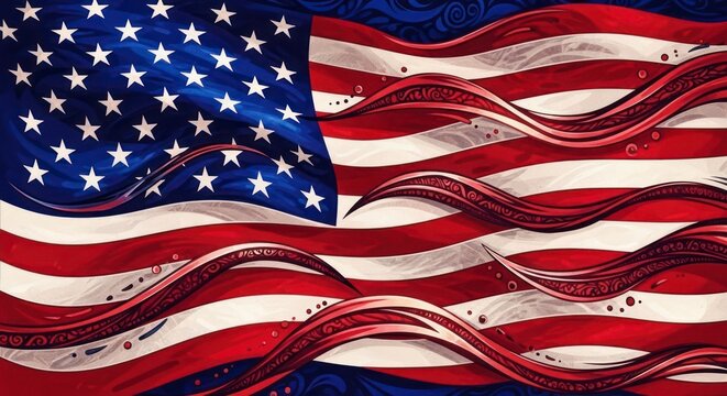 Abstract American Flag - Wavy Stripes and Stars, Patriotic Symbolism, Artistic Interpretation.